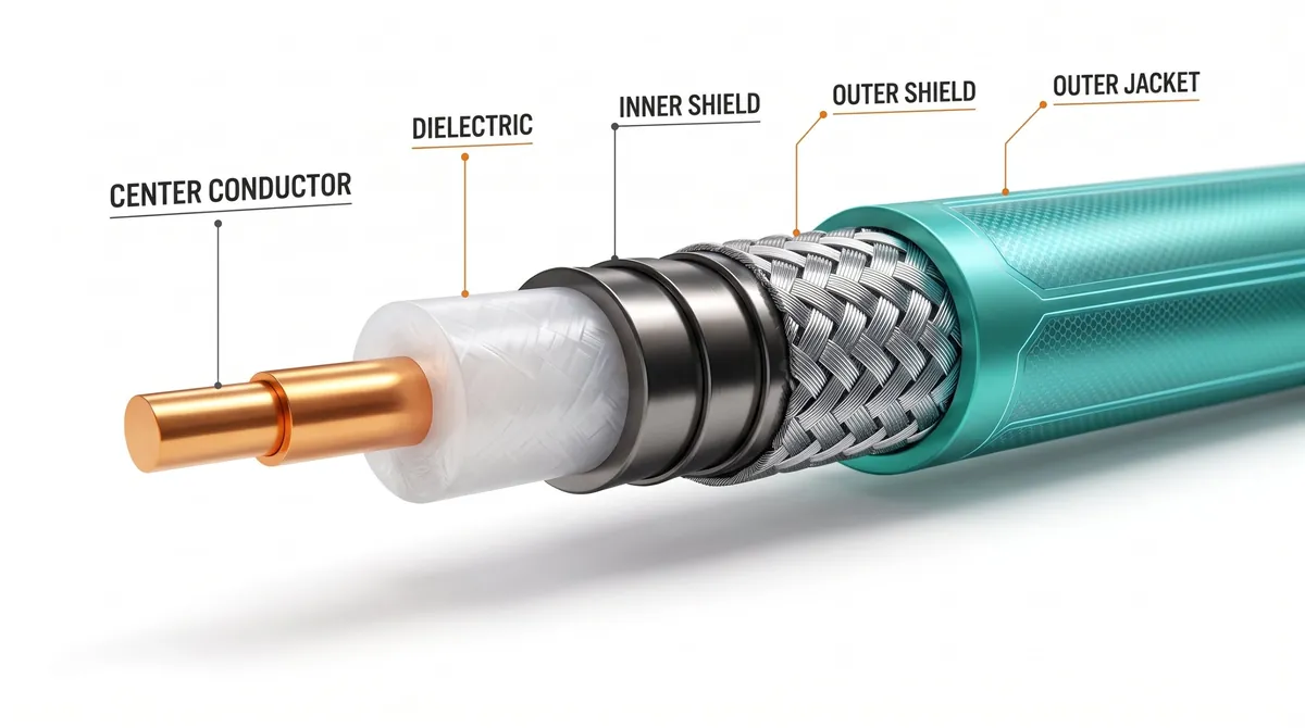 Illustration of a coaxial cable cut away to show the center conductor, dielectric, inner shield, outer shield and outer jacket